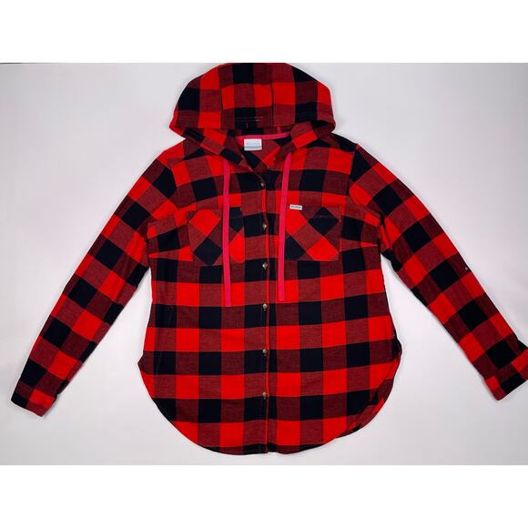 Columbia Women’s Plaid Flannel Hooded Button Down Shirt Size M - Picture 2 of 12